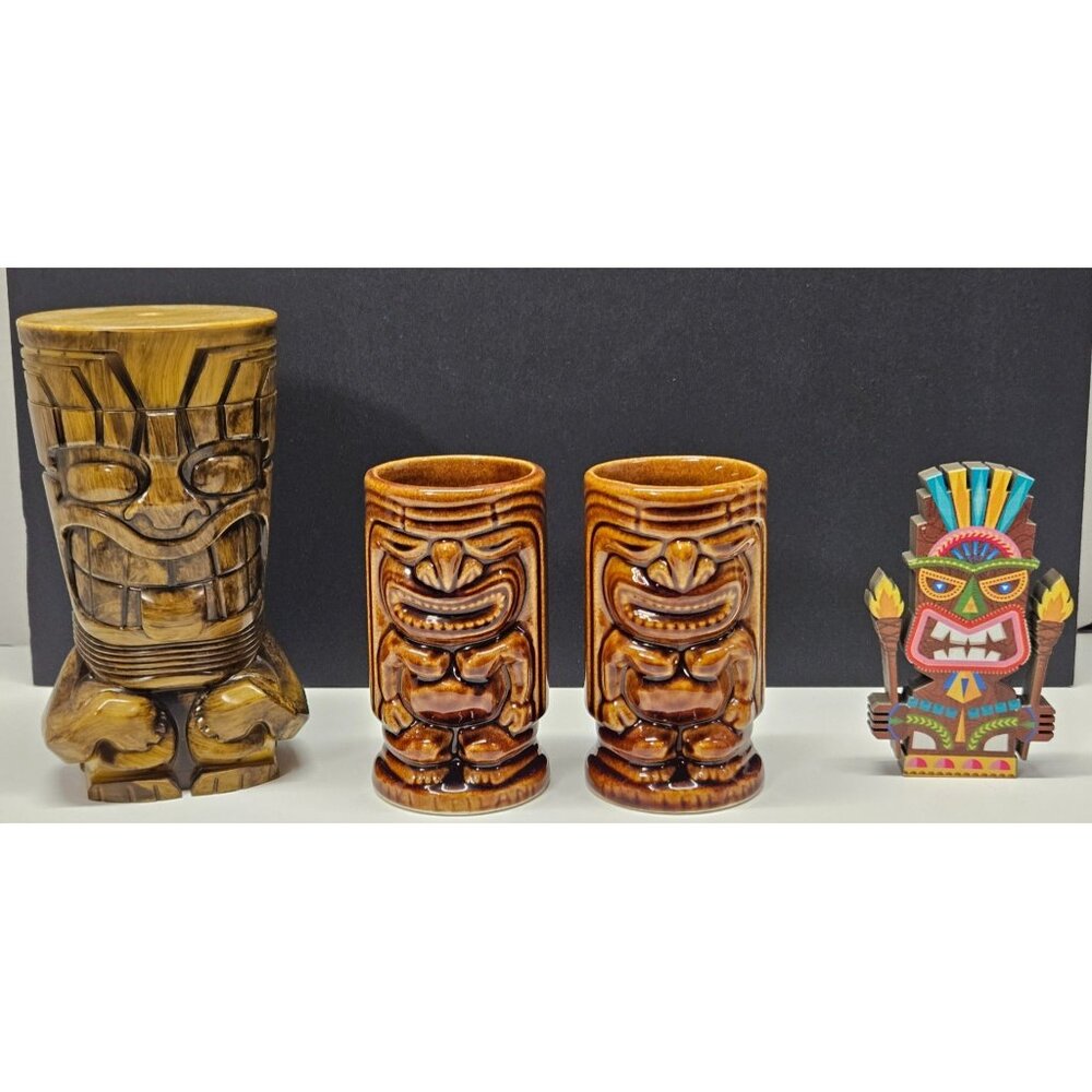 Tiki Lot: 2 Ceramic Tiki Mugs + Westgate Resorts Tiki Cup + Tiki Figure Decor